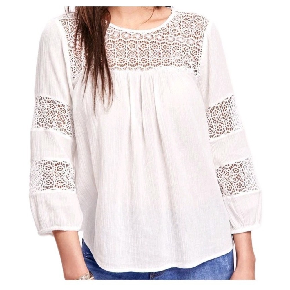 Old Navy Womens Lace Embroidered Top Flowy Size XXL White Feminine Boho Peasant